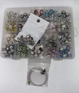 Pandora White Leather Braided Bracelet Sterling Barrel Clasp Sz 7.5” + Spacers! - Picture 1 of 12