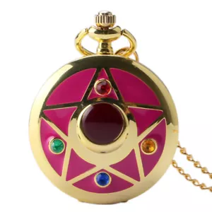 Golden Pink Pocket Watch Sailor Moon Anime Quartz Pendant Watch for Women Girl - Picture 1 of 7
