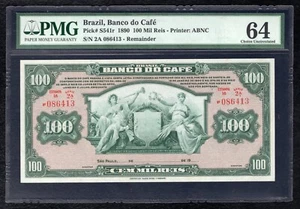 PICK# S541r 1890 100 MIL REIS BRASILIEN, BANCO DO CAFE BANKNOTE PMG BANKFRISCH-64 - Bild 1 von 2