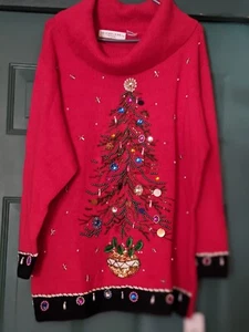 Victoria Jones Red Christmas Tree Sweater Embellished Cotton/Ramie NWT  1X - Picture 1 of 9