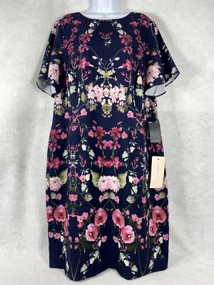 Adrianna Papell Dress Women’s 18W Navy Pink Sheath Floral Bell Sleeve New - Image 1 of 4