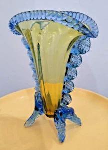 OLD VASE MURANO GLASS BLUE& YELLOW - Picture 1 of 15