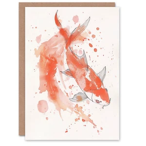 Greeting Card Japanese Koi Carp Fish Watercolour Drawing Birthday - Picture 1 of 6