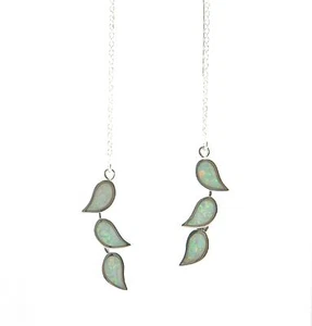 "IAJ" LAB CREATED WHITE FIRE OPAL TRIPLE LEAF STERLING SILVER Ear Thread Earring - Picture 1 of 1