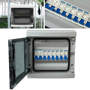 8 Way Weatherproof Garage Shed Consumer Fuse Box 100A Mains Switch + 6 MCB Unit - Picture 1 of 17