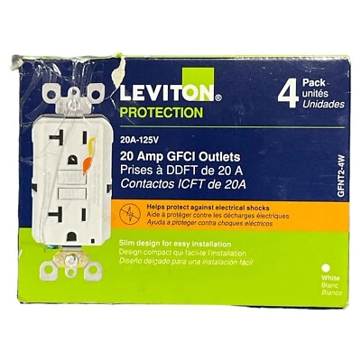 Leviton Protection 20A-125V GFCI Outlets (4 Pack+ 4 FREE Covers)GFNT2-4W (V) - Image 1 of 4