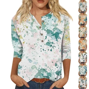 Women 3/4 Sleeve Crew Neck T-shirt Loose Casual Blouse Tunic Tops Tee Pullover-A - Picture 1 of 39