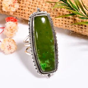 Nephrite Jade Ring Green Stone 925 Sterling Silver Statement Boho Rings Jewelry - Picture 1 of 5