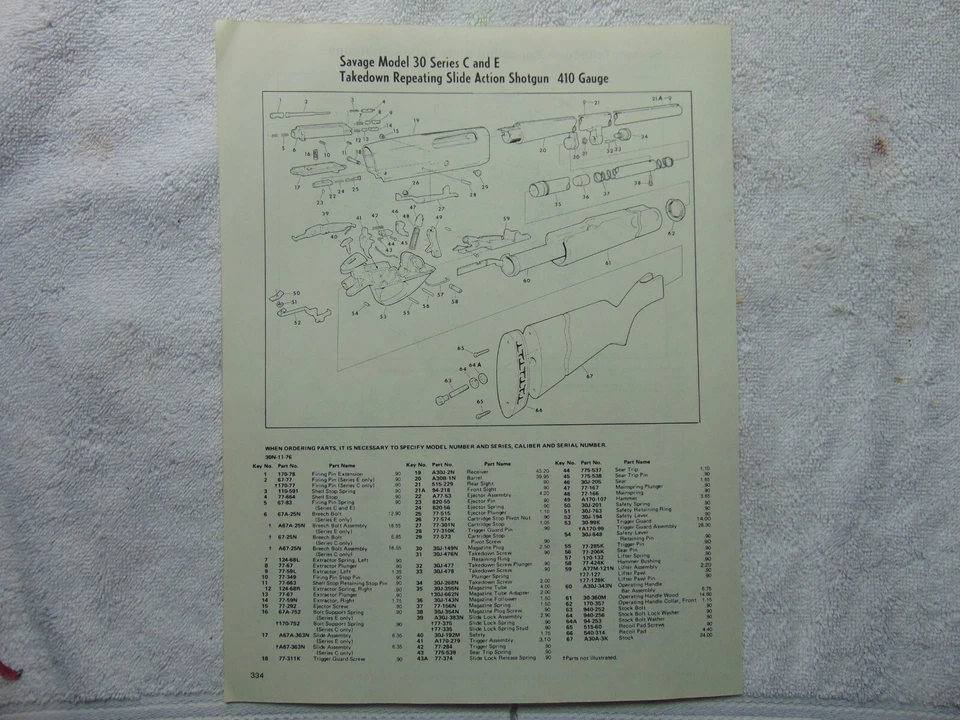 SAVAGE 30 C&E 410 Escopeta Piezas Montaje Diagrama Años 80 Catálogo Imprimir Anuncio Foto 1 de 1