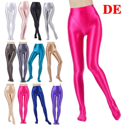 DE Damen ÖL Glanz Strumpfhose Glänzende Hose Nahtlose Glatte Leggings Tights - Bild 1 von 3