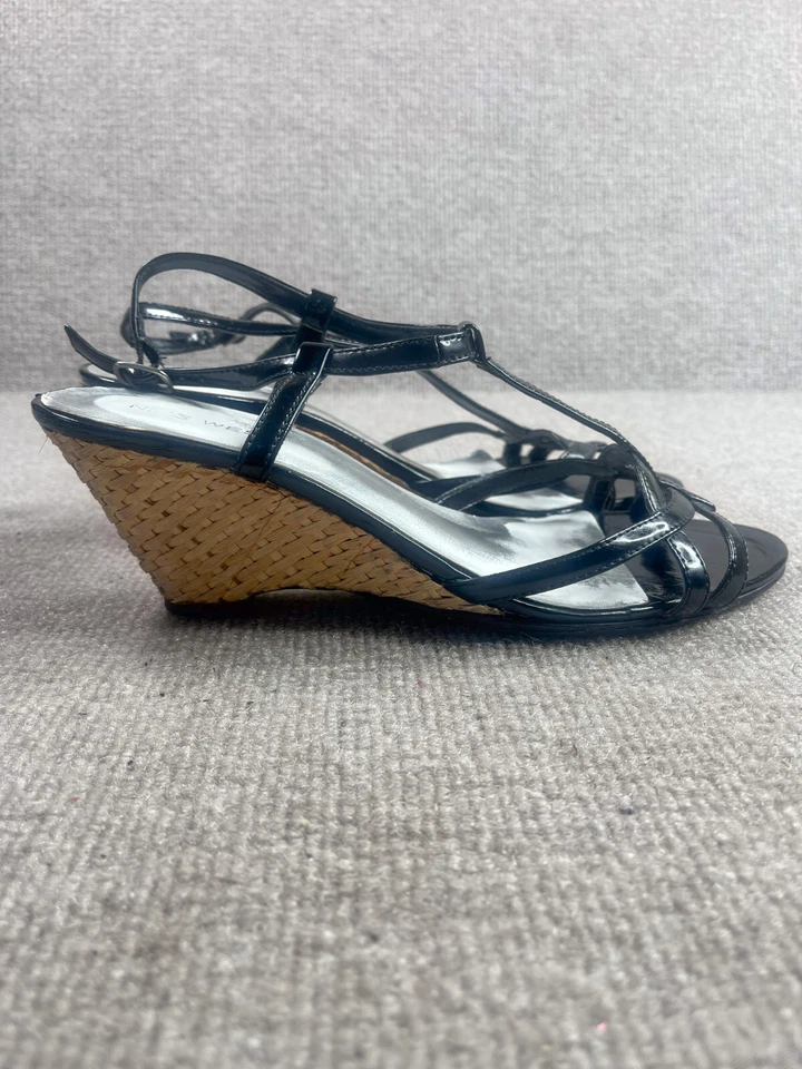 Sandalias Nine West para mujer 8,5 charol negro cuña alpargata correa al tobillo Foto 1 de 4