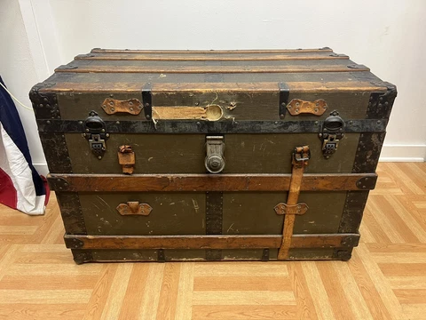 Vintage WOOD STEAMER TRUNK w Tray chest coffee table storage box antique decor Cover