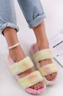 Ladies Womens Flat Fluffy Faux Fur Warm Comfy Sliders Slipper Sandals Size 3-8 U