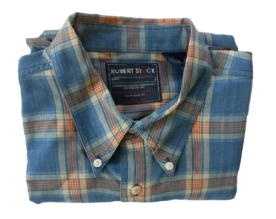 Robert Stock Hombre Grande Manga Larga Botones A Cuadros Azul/Naranja Foto 1 de 4