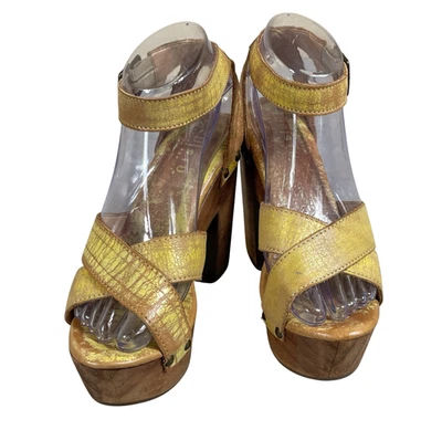 Sandálias plataforma bloco madeira couro amarelo Bed Stu 7,5 Madeline retrô groovy - Imagem 1 de 4