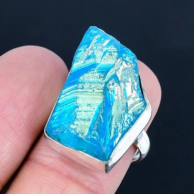 Blue Titanium Quartz 925 Silver Plated Handmade Ring of US Size 7 - Image 1 of 3