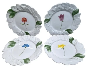4 ESTE CE Dipinto a mano Sculptured Leaf Floral Dinner Plates Italy 11" - Picture 1 of 9