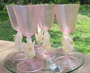 VENETIAN MURANO GOBLET WINE GLASSES GOLD SWAN SET OF 6 - Picture 1 of 9