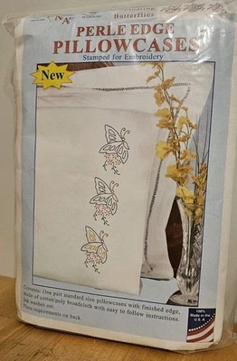 Jack Dempsey Perle Edge Pillowcases Stamp Hand Embroidery   FLOATING BUTTERFLIES - Image 1 of 4