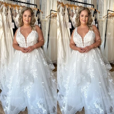 Plus Size Wedding Dresses Elgeant V Neck Sleeveless Sweep Train Bridal Gowns - Image 1 of 4
