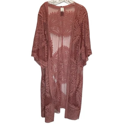 Bohemian Sheer Pink Embroidered Cotton Blend Kimono, Duster Length - Size 2X/3X - Image 1 of 4