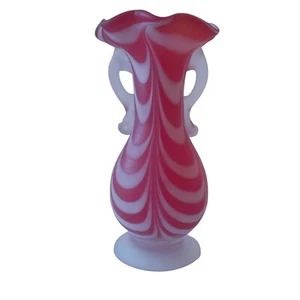 Vintage Nailsea Raspberry Red and White Satin Ruby Drape Vase 6-3/4 - Picture 1 of 4