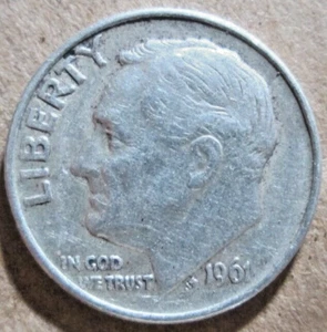 1961-P ROOSEVELT 90% SILVER, REVERSE LAMINATION ERROR, XF CONDITION, CIRCULATED - Picture 1 of 3