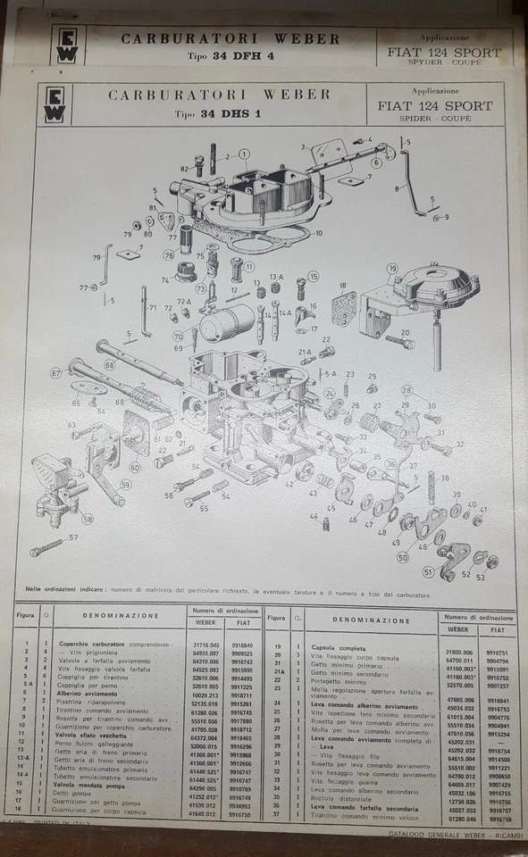 3 fogli spaccato dei carburatori weber e solex fiat 124 sport spyder-coupé - Immagine 1 di 2