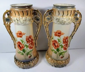 Pair Royal Bruxonia Austria Mantle Vase Porcelain Hydrangea Flowers Red Poppies - Picture 1 of 12