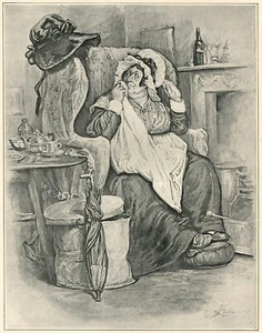 Sairy Gamp Dickens character, fat drunken old nurse, 1902 vintage art print - Picture 1 of 2