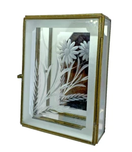 VINTAGE verspiegelte Schmuckschatulle Glas Messing geätzte Blume Mexiko 5" x 4" x 1 1/2" - Bild 1 von 8