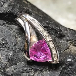 Ciondolo scivolo zaffiro rosa oro bianco massiccio 10 kt 1,45 ct e anello 5 diamanti 1,56 gr - Foto 1 di 11