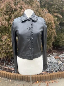 Allegri Black Leather Jacket With Ruffle Detals Size 42 - Picture 1 of 14