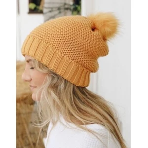 Mustard Yellow Faux Fur Pompom Sherpa Lined Knit Beanie Women's Winter Hat - Picture 1 of 4