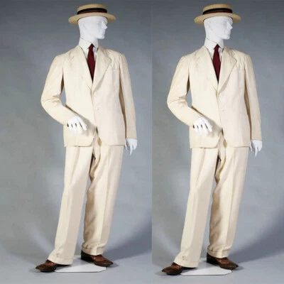 Trajes de hombre vintage de 1900 2 piezas beige lino a medida blazer boda novio esmoquin Foto 1 de 4