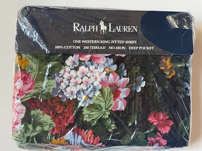 RARE! NEW Ralph Lauren *ISADORA Western KING FITTED SHEET Black FLORAL Cossette - Image 1 of 4