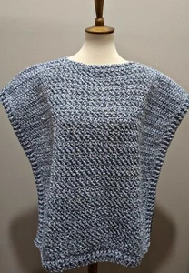 Men's Women's Crochet Pullover Unisex Poncho Cape Blue Tweed Handmade - Picture 1 of 4