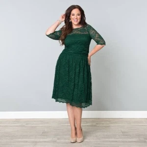 Kiyonna Dress Dark Green Scalloped Luna Lace Style Size 2X Party Slimming Lined - Picture 1 of 11