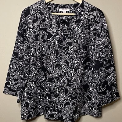 Blusa Boho Colección JM Lino Botón Frontal Mujer Talla 16 Negra Blanca Paisley Foto 1 de 4