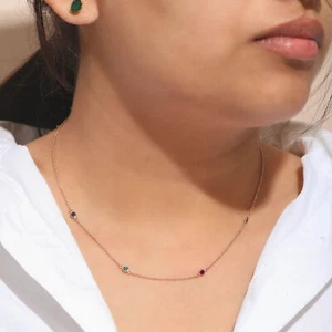 14K Gold Ruby Emerald And Blue Sapphire Gemstone Necklace - The Jewelz - Picture 1 of 6