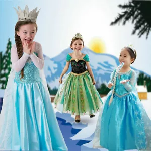Kids Girls Princess Queen Elsa Halloween Cosplay Costume Fancy Dress&free Crown - Picture 1 of 14