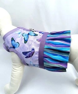 Purple Butterfly Dog Harness Vest Dress With Ruffle Skirt - Picture 1 of 3