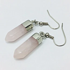 Rose Quartz Earrings Obelisk Point Energy Pink Crystal Pierced French Hook - Picture 1 of 5