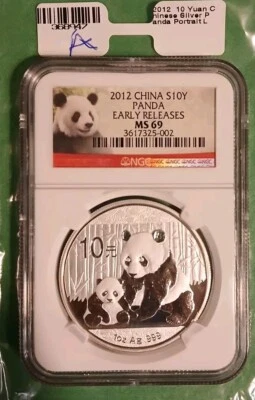 China 2012 10 Yuan Panda lanzamientos tempranos NGC MS 69 1 oz plata fina .999 #A Foto 1 de 4