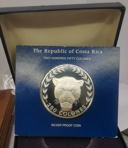 COSTA RICA 250 Colones 1982 Silver Proof Jaguar Mintage 1,109 Pcs Only Cover