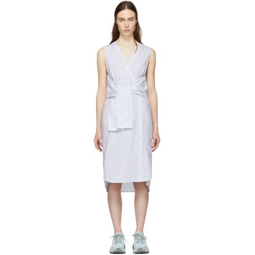 Abito camicia T by Alexander Wang bianco blu a righe bottoni asimmetrici tg 2
