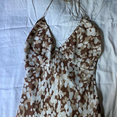 Vestido sin Mangas Vintage Kenneth Cole Y2K Seda Marrón y Blanco Lunares Halter Talla 10 Foto 1 de 4