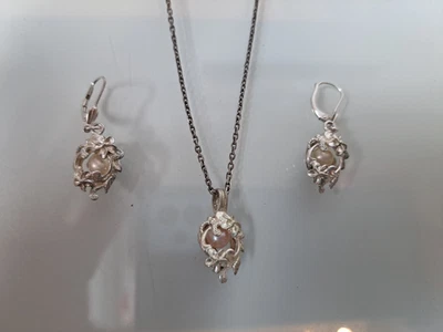 Molto Bello, Antichi Set Gioielli, 925 Argento con Perle, Collana E Orecchini - Immagine 1 di 4