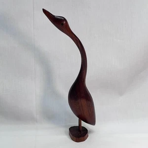 VTG Hand Carved Wooden Long Neck Crane Glossy Finish Glass Eyes 3" Dia x 11" H - Picture 1 of 6
