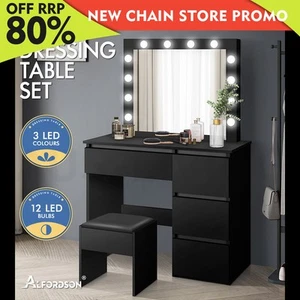 ALFORDSON Dressing Table Stool Set Makeup Mirror Desk LED 12 Bulbs Black - Picture 1 of 12